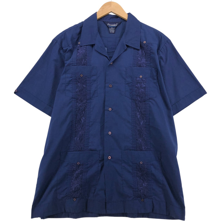 90'S Premier Short Sleeve Open Collar Mexican/Cuban Box Shirt, Men's Size XL polyester navy blue type Vintage Second Hand