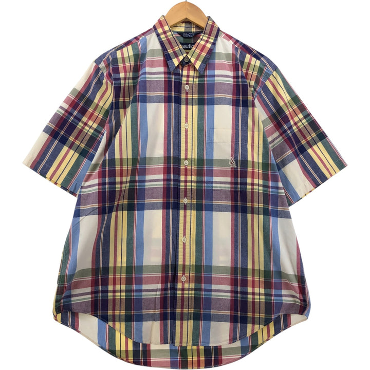 90'S Vintage Nautica Short Sleeve Cotton Check Shirt, Men's Size Medium cotton Beige type Vintage Second Hand