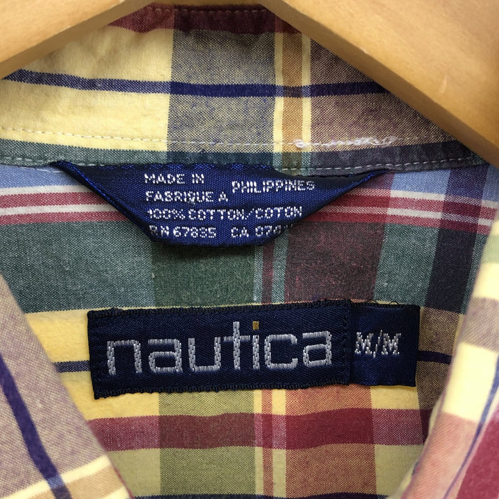 90'S Vintage Nautica Short Sleeve Cotton Check Shirt, Men's Size Medium cotton Beige type Vintage Second Hand
