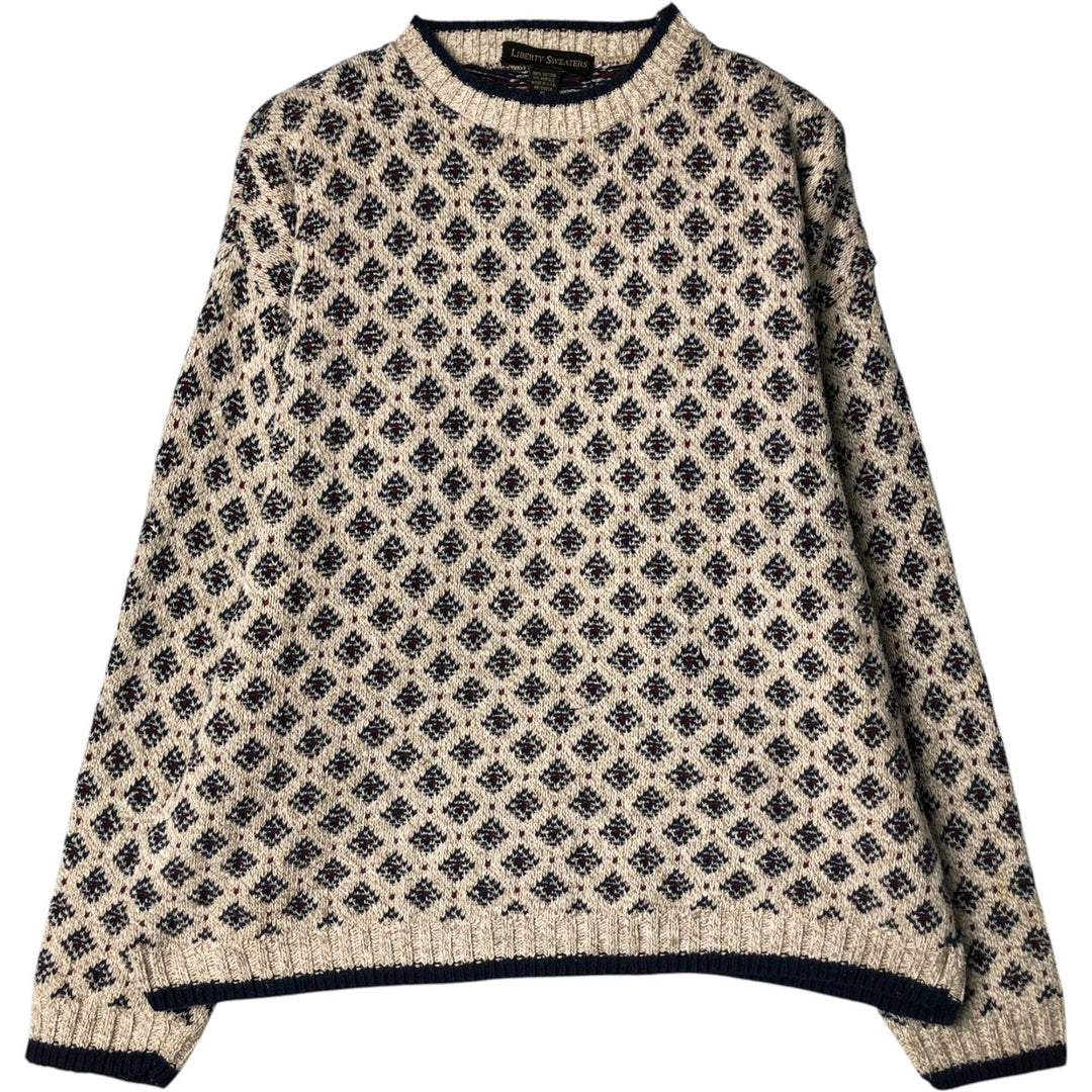 LIBERTY SWEATERS All-Over Print Cotton Knit Sweater, Made in USA, Men's Size XL cotton Beige type Vintage Second Hand