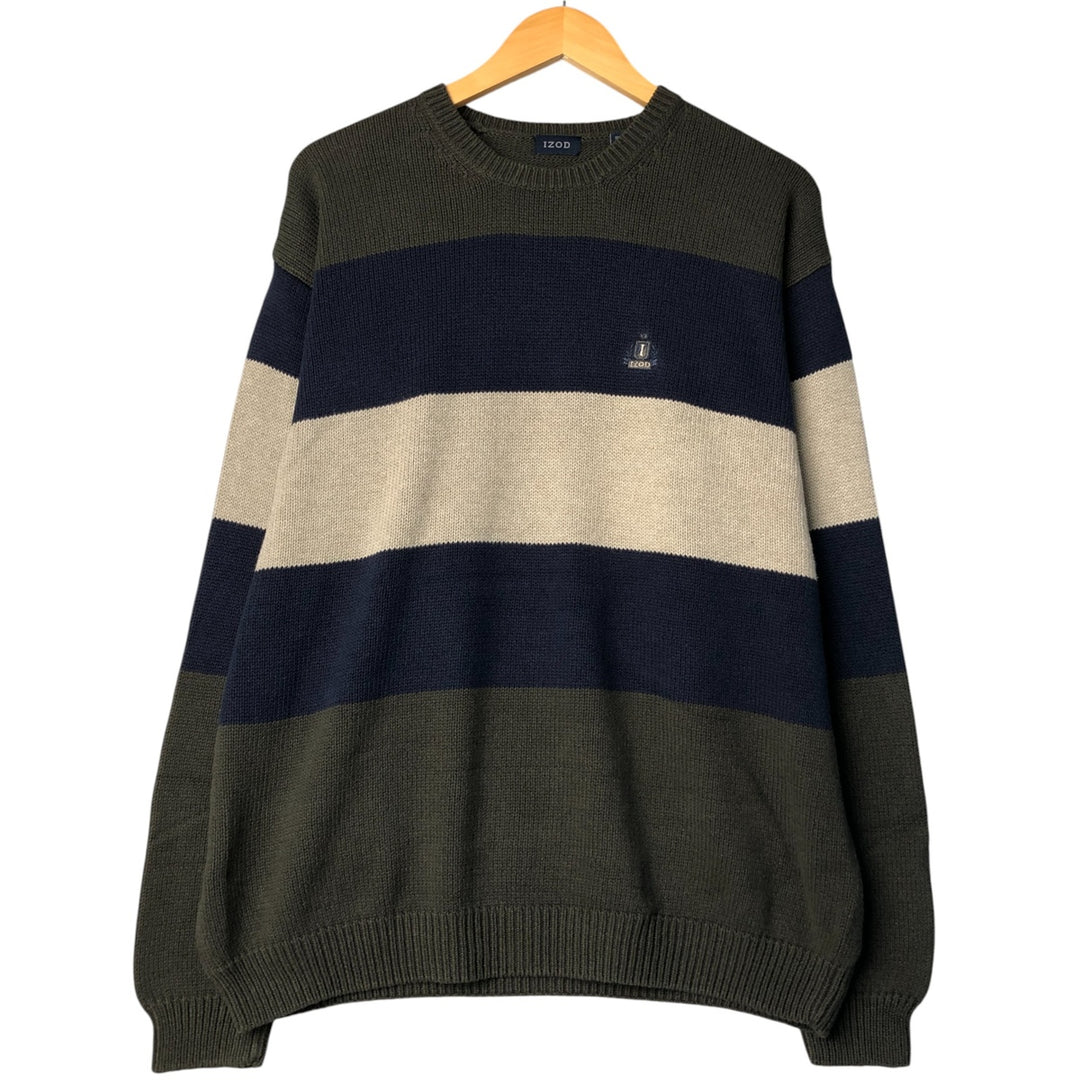 IZOD Striped Pattern Cotton Knit Sweater, Men's Size L cotton Khaki type Vintage Second Hand