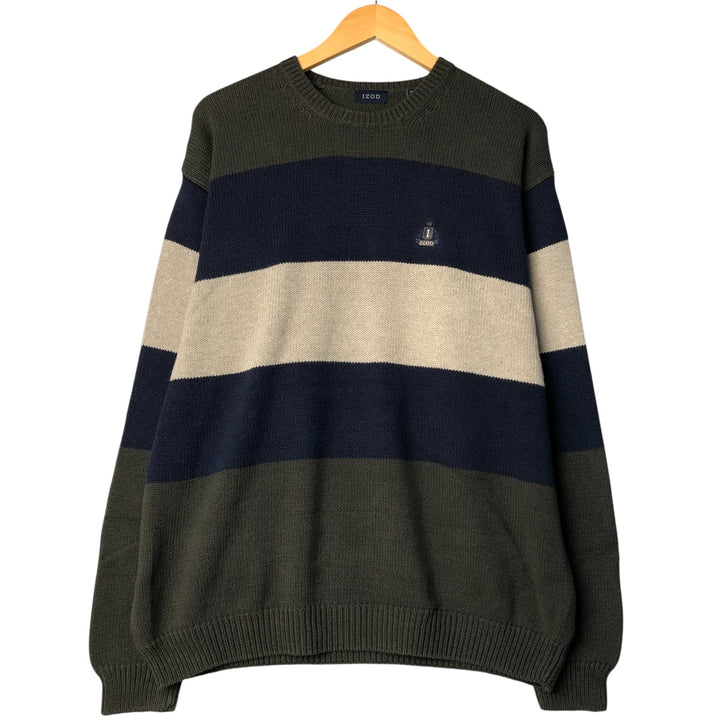 IZOD Striped Pattern Cotton Knit Sweater, Men's Size L cotton Khaki type Vintage Second Hand