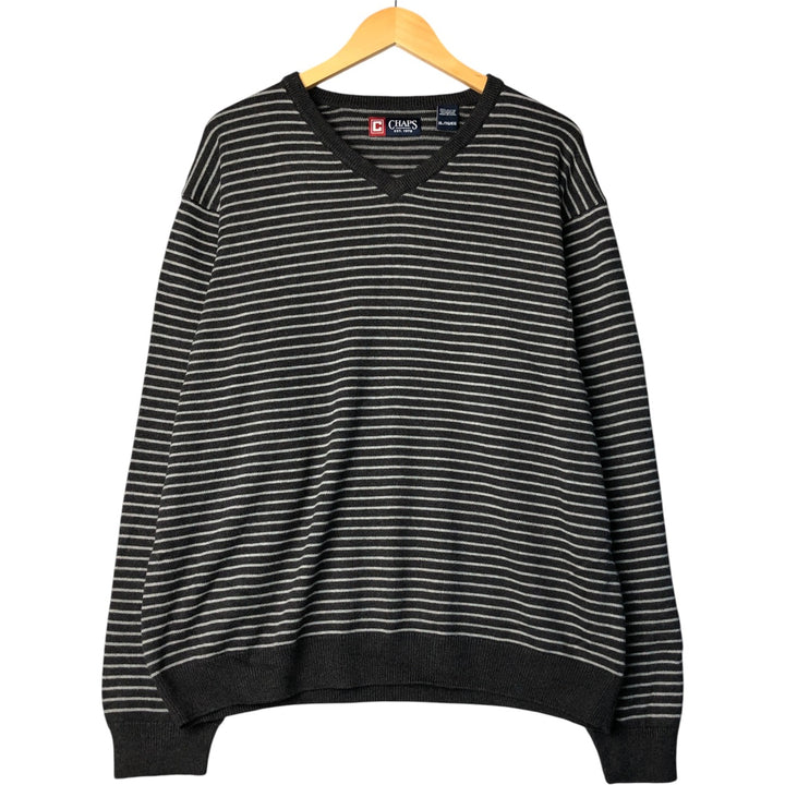 CHAPS Striped V-Neck Cotton Knit Sweater, Men's Size XL cotton gray type Vintage Second Hand