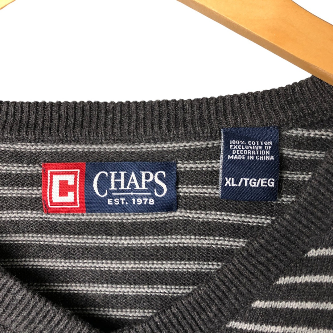 CHAPS Striped V-Neck Cotton Knit Sweater, Men's Size XL cotton gray type Vintage Second Hand