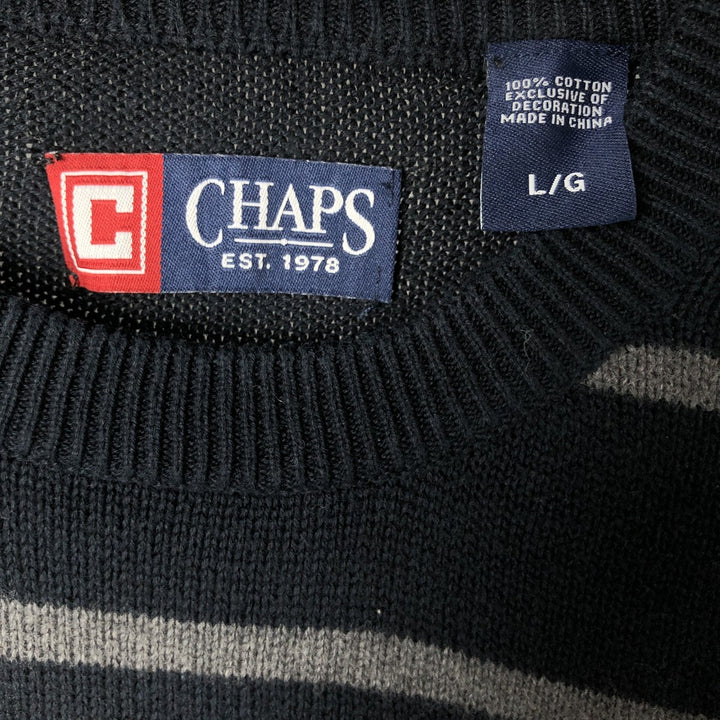 CHAPS Border Pattern Cotton Knit Sweater, Men's Size L cotton navy blue type Vintage Second Hand