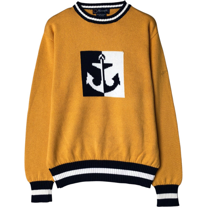 FACONNABLE All-Over Anchor Pattern Cotton Knit Sweater, Men's Size Small cotton yellow type Vintage Second Hand