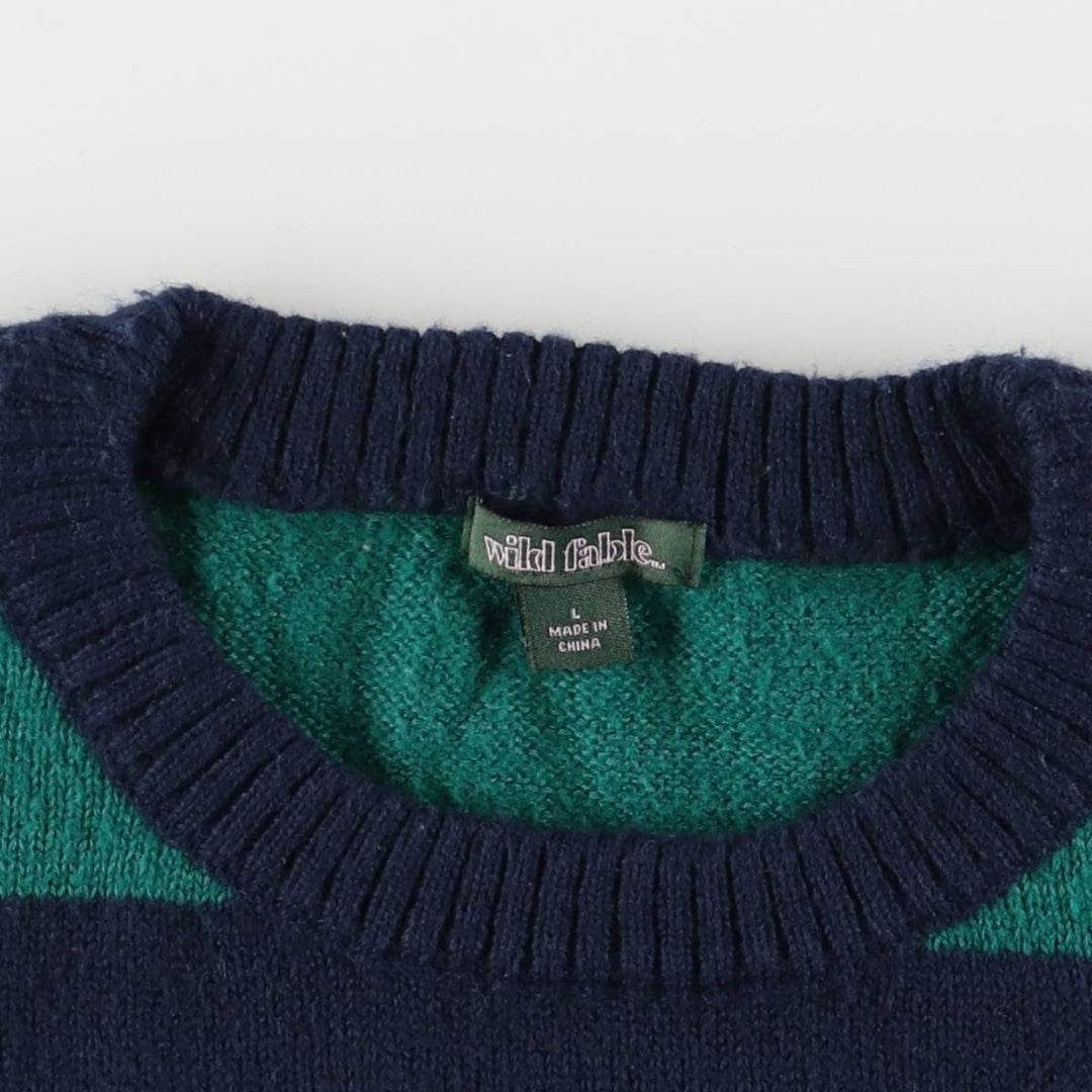 wild fable Border Pattern Cotton Knit Sweater, Men's Size L cotton navy blue type Vintage Second Hand
