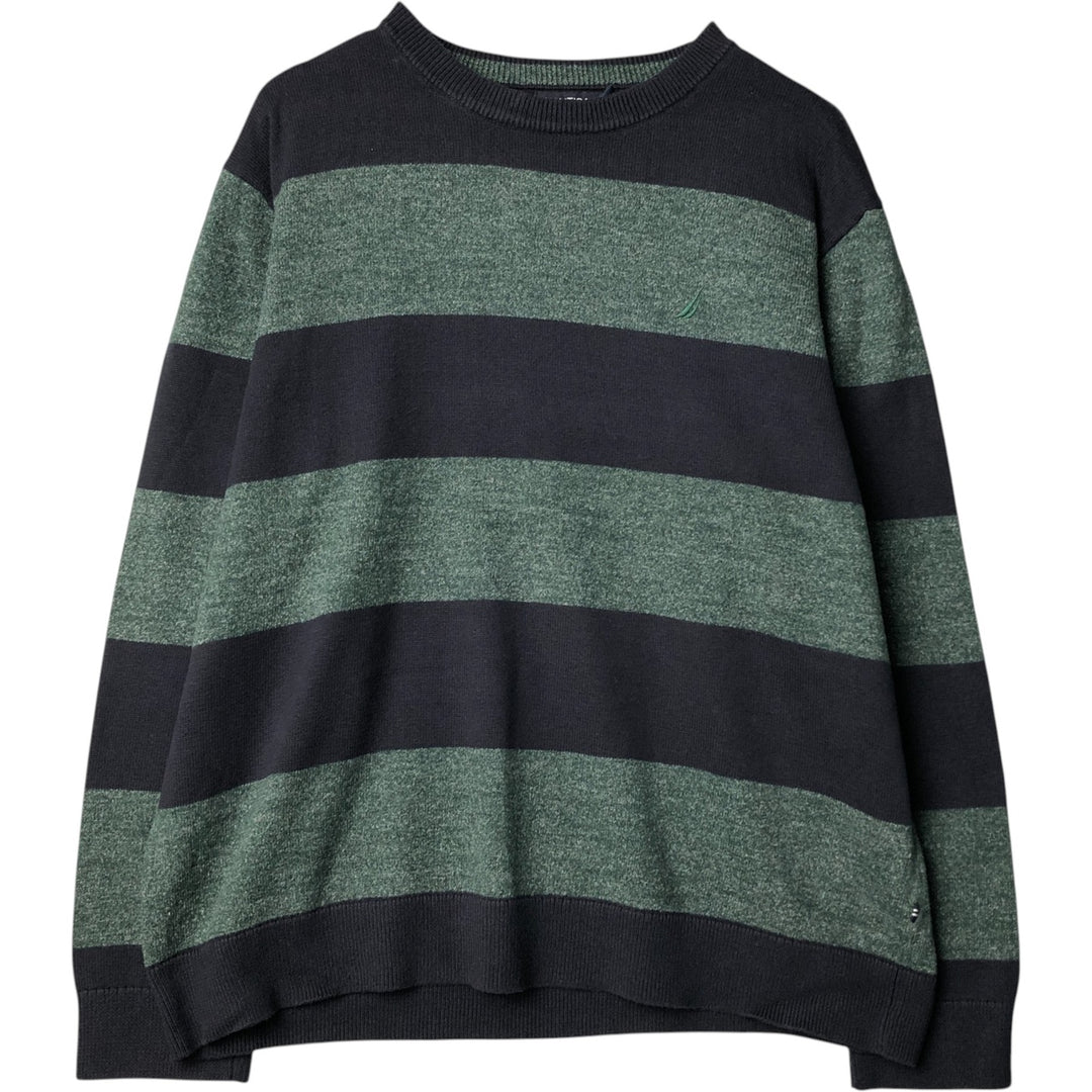 2000'S ~ NAUTICA Striped Pattern Cotton Knit Sweater, Men's XL cotton navy blue type Vintage Second Hand