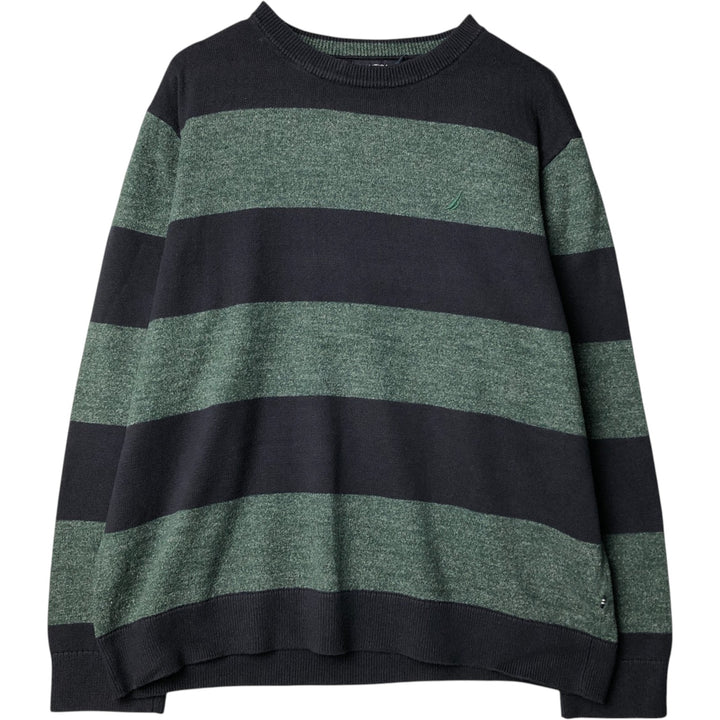 2000'S ~ NAUTICA Striped Pattern Cotton Knit Sweater, Men's XL cotton navy blue type Vintage Second Hand