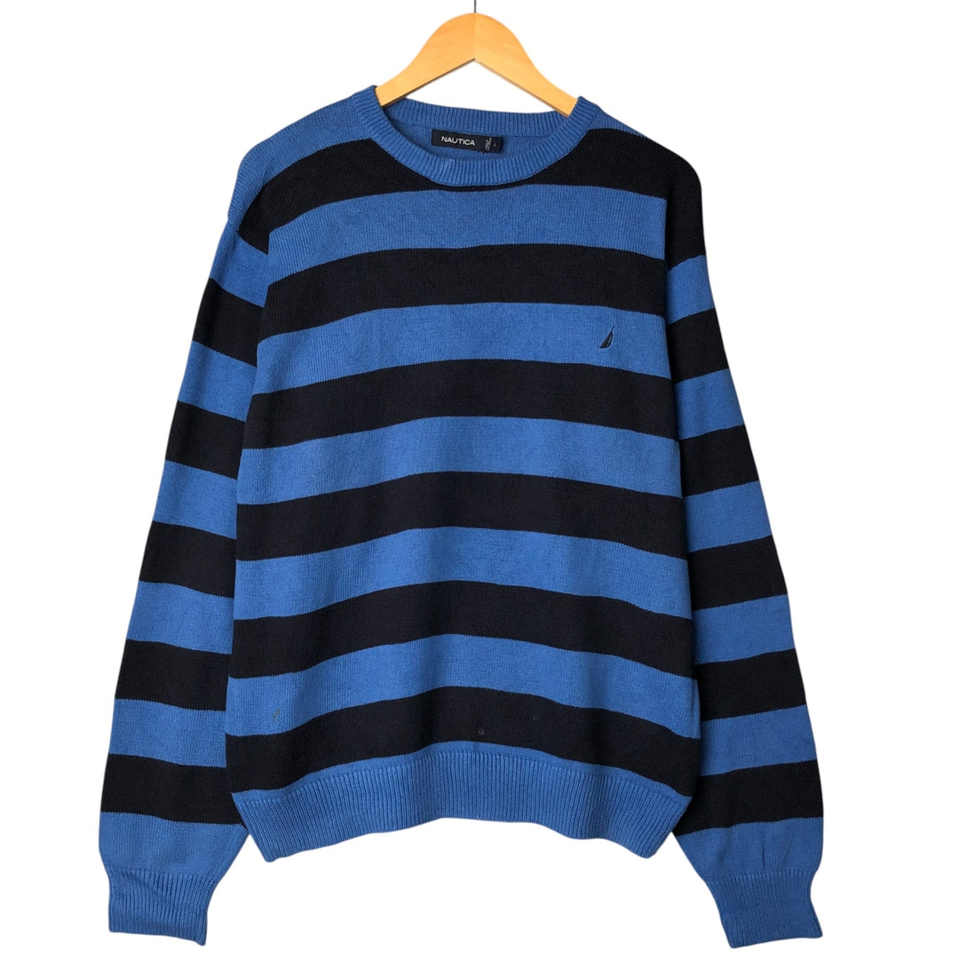 00'S ~ NAUTICA Striped Pattern Cotton Knit Sweater Men's Size L cotton blue type Vintage Second Hand