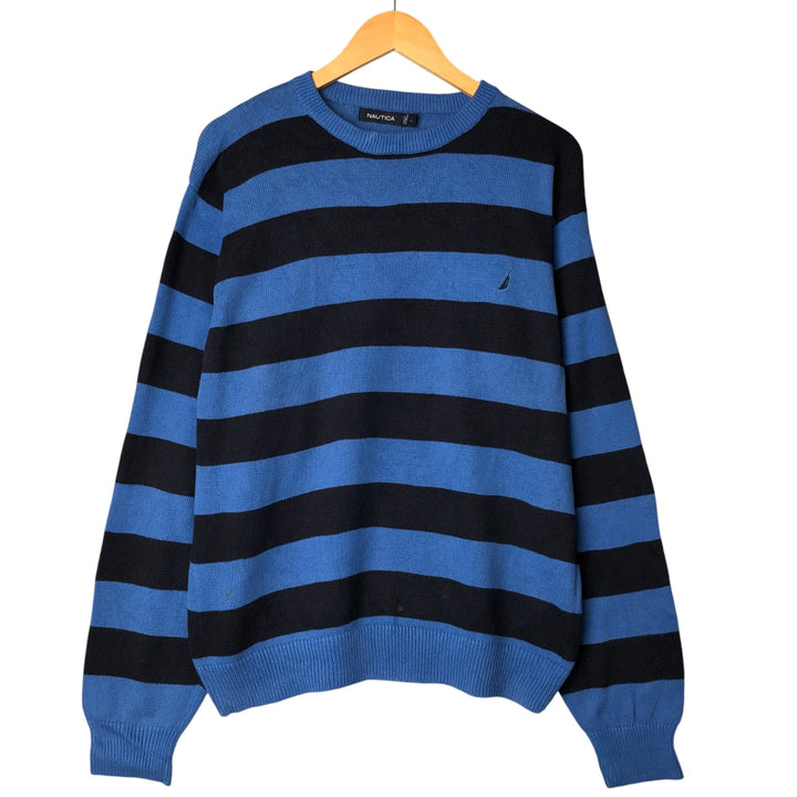00'S ~ NAUTICA Striped Pattern Cotton Knit Sweater Men's Size L cotton blue type Vintage Second Hand
