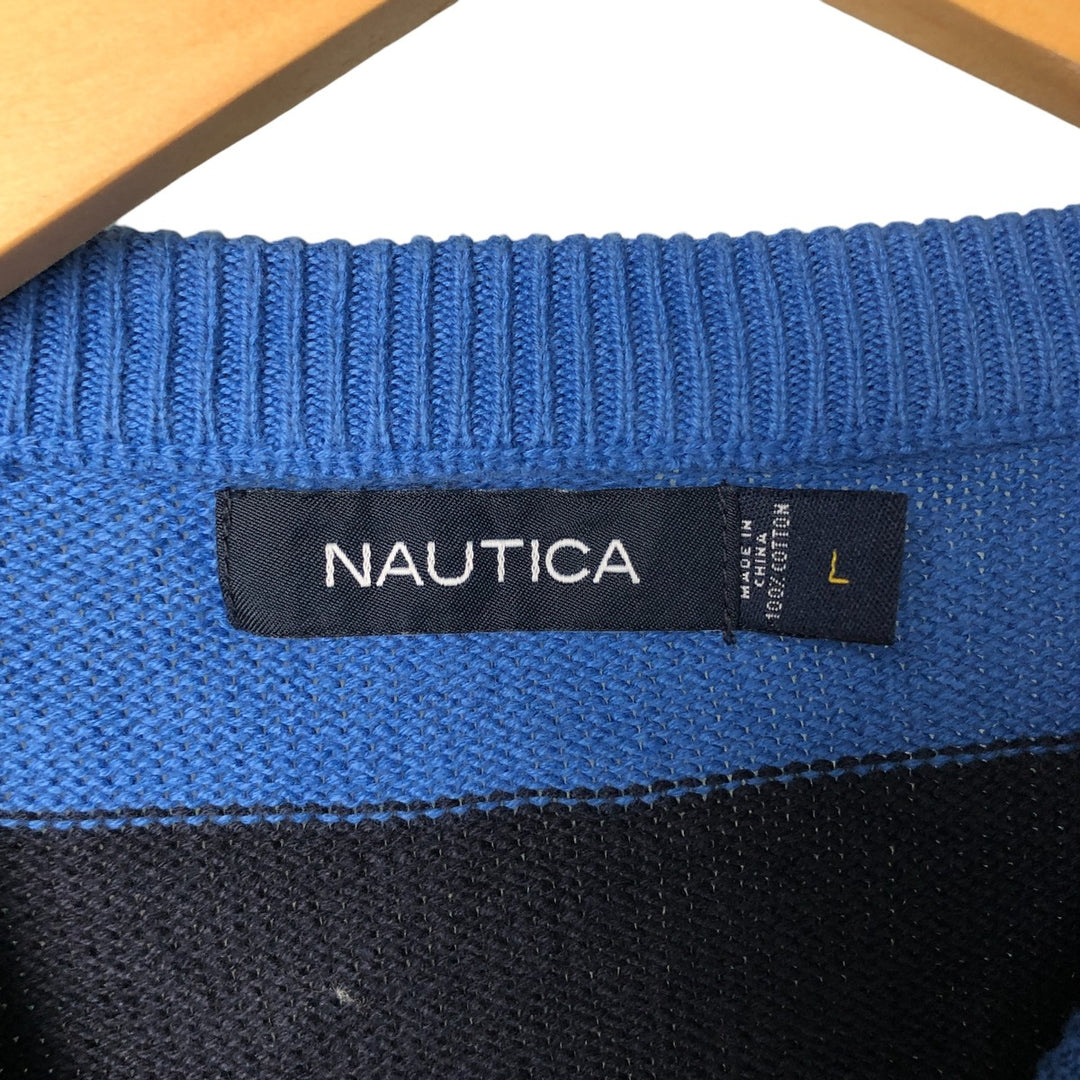 00'S ~ NAUTICA Striped Pattern Cotton Knit Sweater Men's Size L cotton blue type Vintage Second Hand