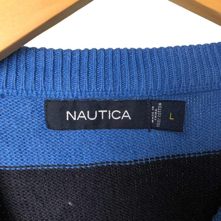 00'S ~ NAUTICA Striped Pattern Cotton Knit Sweater Men's Size L cotton blue type Vintage Second Hand