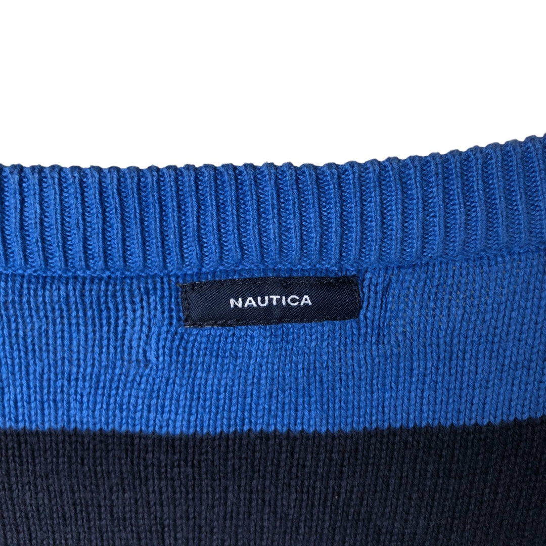 00'S ~ NAUTICA Striped Pattern Cotton Knit Sweater Men's Size L cotton blue type Vintage Second Hand