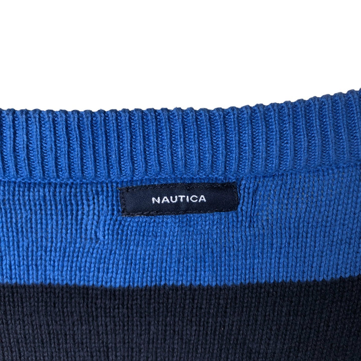 00'S ~ NAUTICA Striped Pattern Cotton Knit Sweater Men's Size L cotton blue type Vintage Second Hand