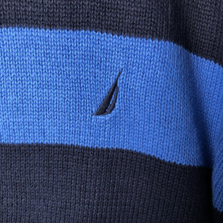 00'S ~ NAUTICA Striped Pattern Cotton Knit Sweater Men's Size L cotton blue type Vintage Second Hand