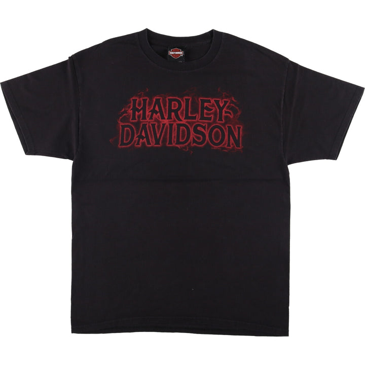 Harley Davidson Skull Pattern Fire Pattern Motorcycle Bike T-shirt Men's L size cotton black type Vintage Second Hand
