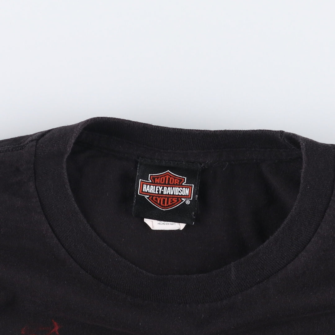 Harley Davidson Skull Pattern Fire Pattern Motorcycle Bike T-shirt Men's L size cotton black type Vintage Second Hand