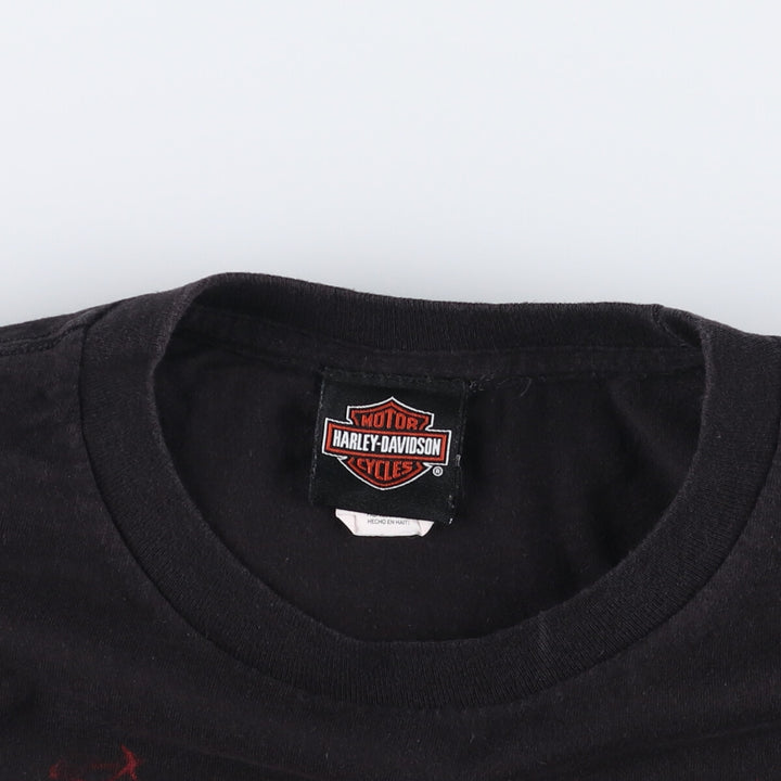 Harley Davidson Skull Pattern Fire Pattern Motorcycle Bike T-shirt Men's L size cotton black type Vintage Second Hand