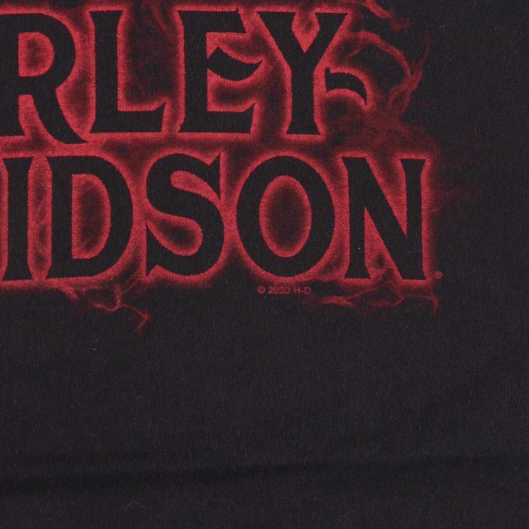 Harley Davidson Skull Pattern Fire Pattern Motorcycle Bike T-shirt Men's L size cotton black type Vintage Second Hand