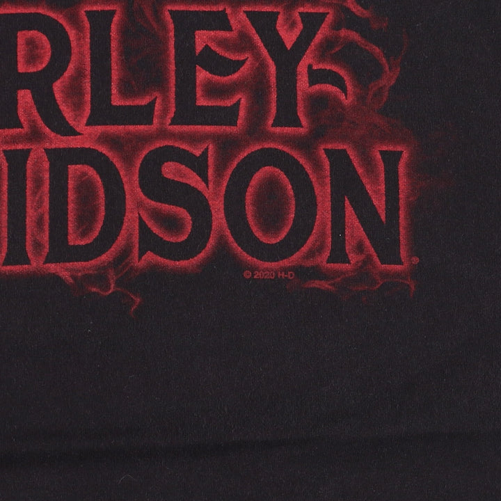 Harley Davidson Skull Pattern Fire Pattern Motorcycle Bike T-shirt Men's L size cotton black type Vintage Second Hand