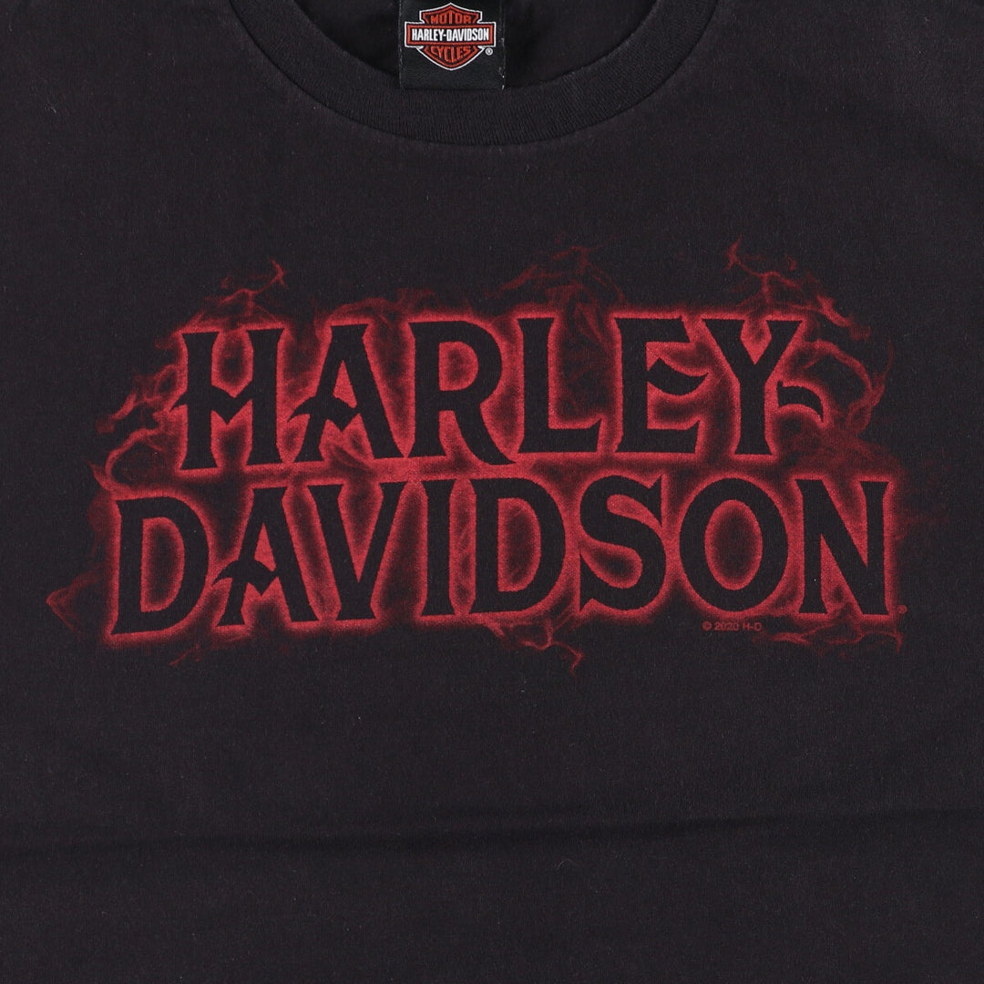 Harley Davidson Skull Pattern Fire Pattern Motorcycle Bike T-shirt Men's L size cotton black type Vintage Second Hand