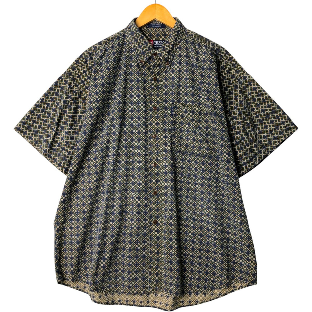 Ralph Lauren CHAPS Chaps, all-over print, short-sleeved button-down shirt, men's size XL cotton navy blue type Vintage Second Hand