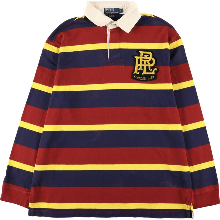 Ralph Lauren POLO by Ralph Lauren Striped Pattern Multi-Border Long Sleeve Rugby Shirt, Men's Size L cotton navy blue type Vintage Second Hand