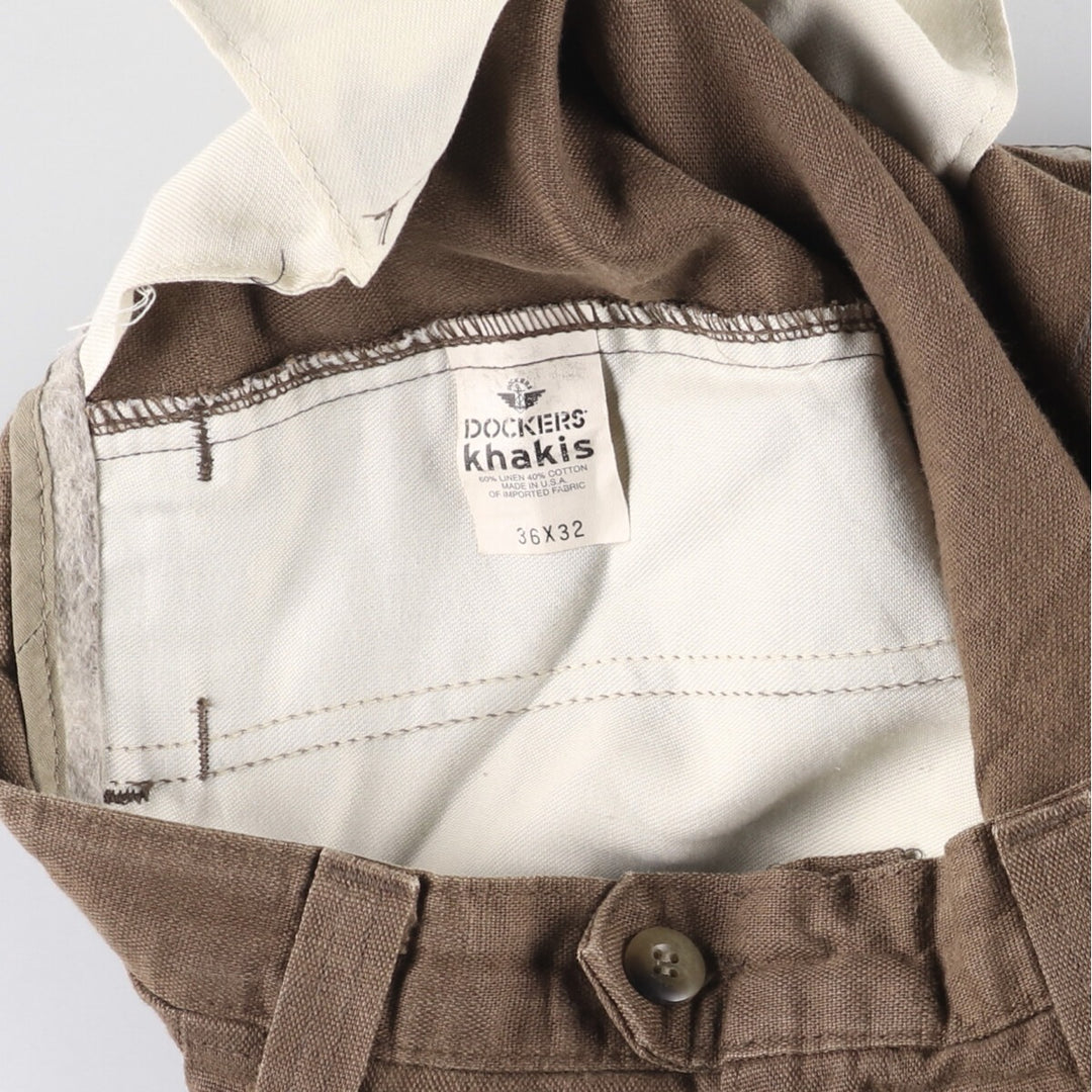 90'S Dockers Khakis Loose Fit Two-Pleated Linen Pants, Made in USA, Vintage, Men's Size 35 linen brown type Vintage Second Hand