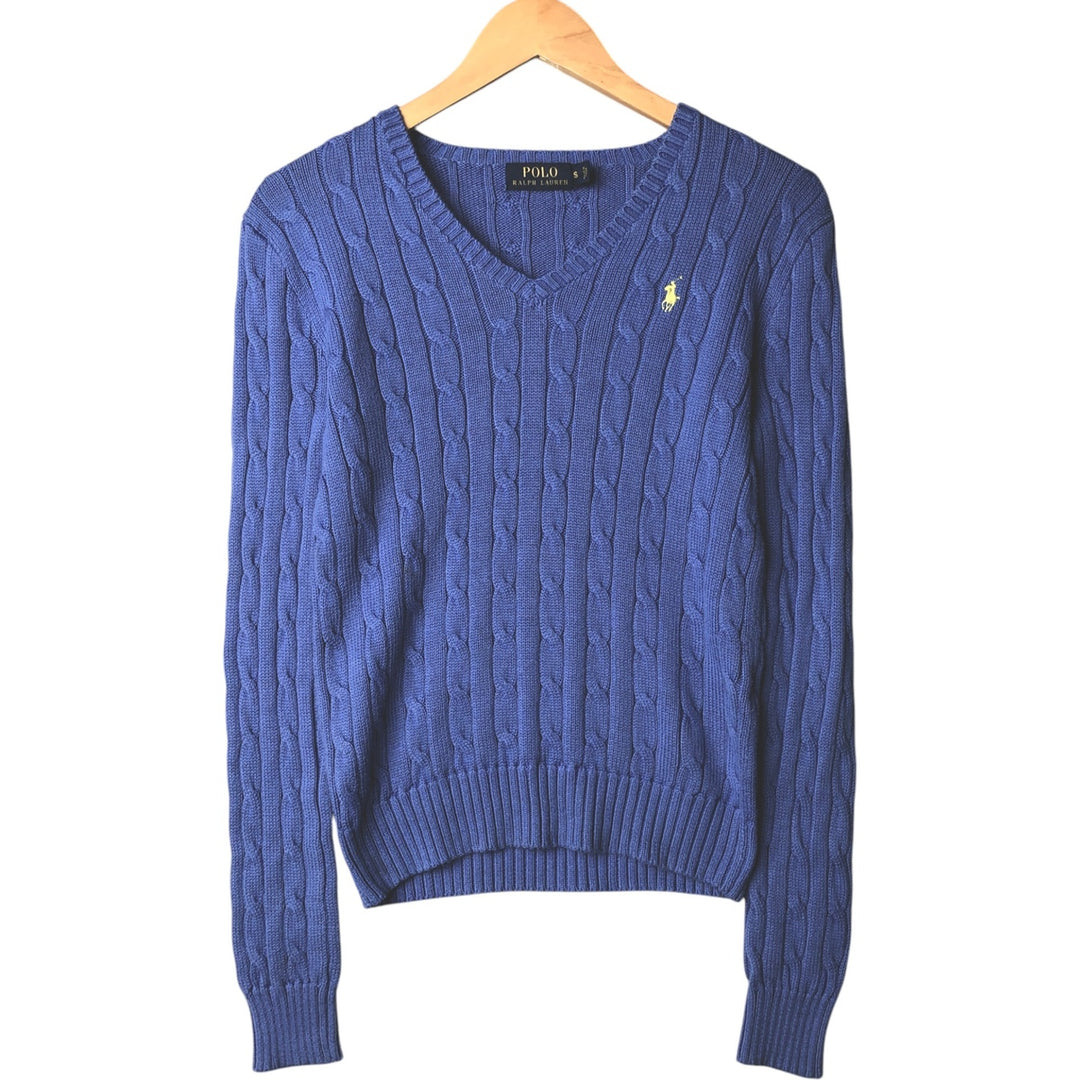 Ralph Lauren POLO RALPH LAUREN Cable knit V-neck cotton knit sweater Women's size S cotton Purple type blue-purple Vintage Second Hand
