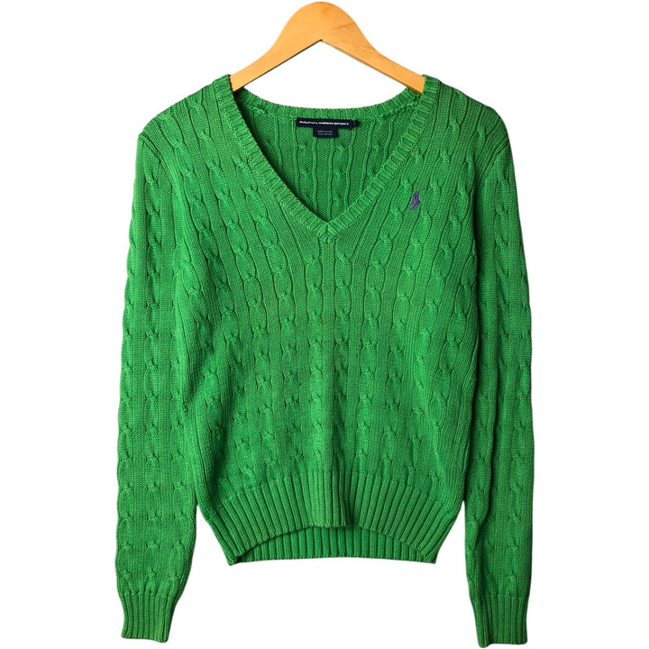 Ralph Lauren RALPH LAUREN SPORT Cable knit V-neck cotton knit sweater Women's M size cotton green type yellow green Vintage Second Hand