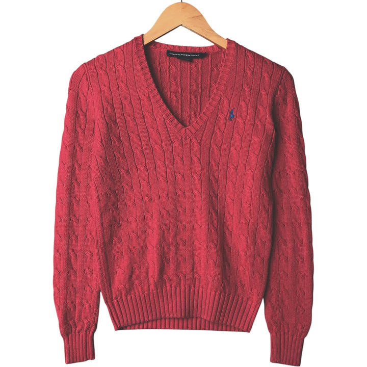 Ralph Lauren SPORT cable knit V-neck cotton knit sweater, size S, women's. cotton red type Vintage Second Hand