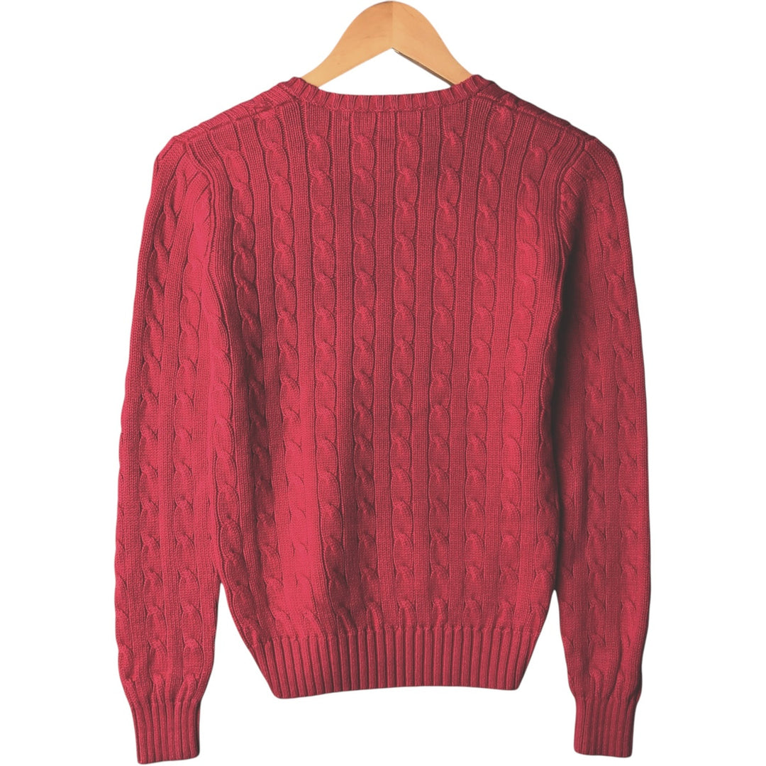 Ralph Lauren SPORT cable knit V-neck cotton knit sweater, size S, women's. cotton red type Vintage Second Hand
