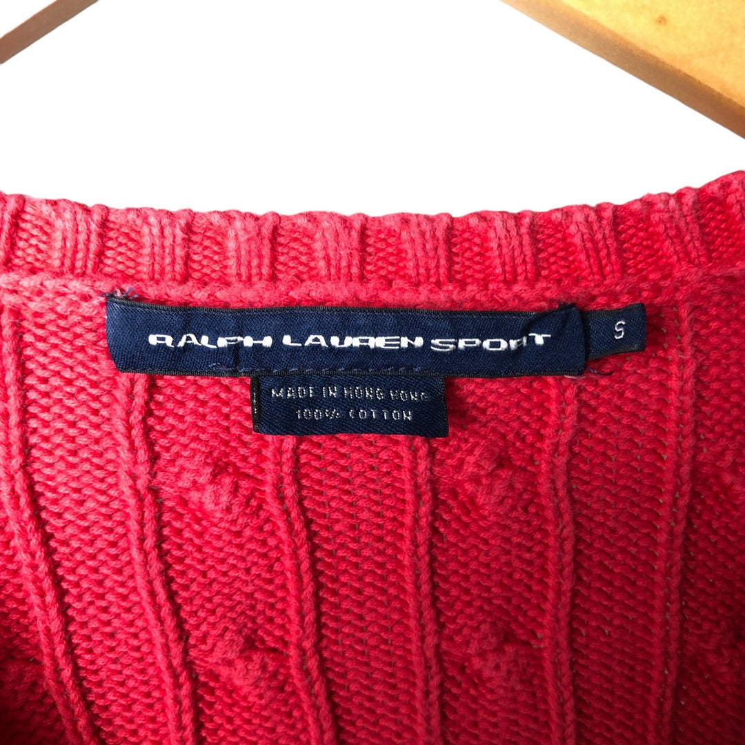 Ralph Lauren SPORT cable knit V-neck cotton knit sweater, size S, women's. cotton red type Vintage Second Hand