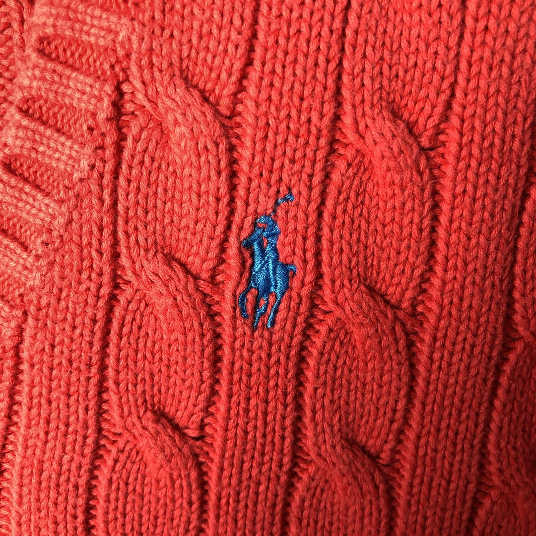 Ralph Lauren SPORT cable knit V-neck cotton knit sweater, size S, women's. cotton red type Vintage Second Hand