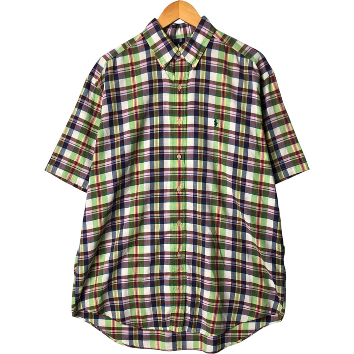 Ralph Lauren BLAIRE short sleeve button down check shirt, men's size L cotton green type yellow green Vintage Second Hand