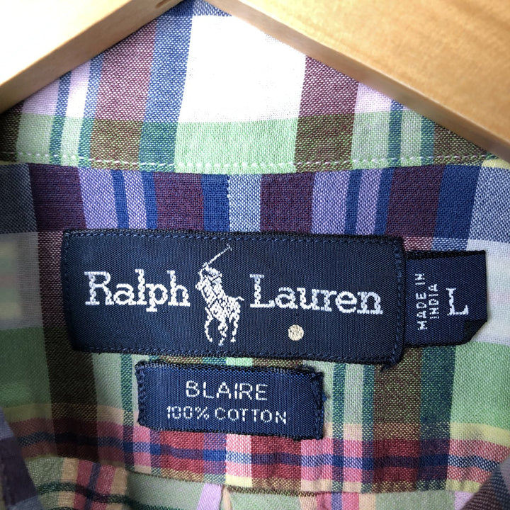 Ralph Lauren BLAIRE short sleeve button down check shirt, men's size L cotton green type yellow green Vintage Second Hand