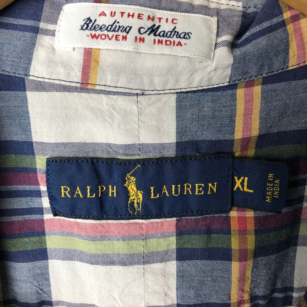 Ralph Lauren Madras Check Short Sleeve Button Down Check Shirt Men's XL cotton navy blue type Vintage Second Hand
