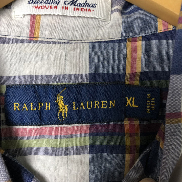 Ralph Lauren Madras Check Short Sleeve Button Down Check Shirt Men's XL cotton navy blue type Vintage Second Hand