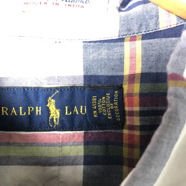 Ralph Lauren Madras Check Short Sleeve Button Down Check Shirt Men's XL cotton navy blue type Vintage Second Hand