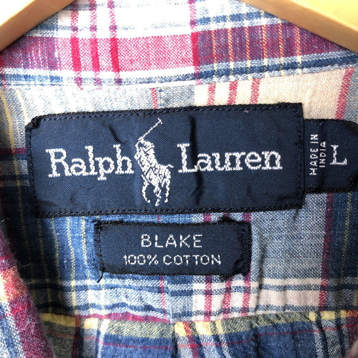 Ralph Lauren BLAKE short sleeve button down check shirt, men's size L cotton blue type Vintage Second Hand