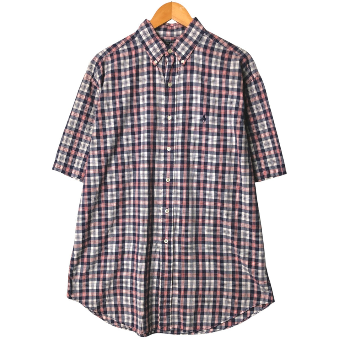 Vintage 90'S Ralph Lauren SPORT short-sleeved button-down checked shirt, size L, men's size L cotton navy blue type Vintage Second Hand