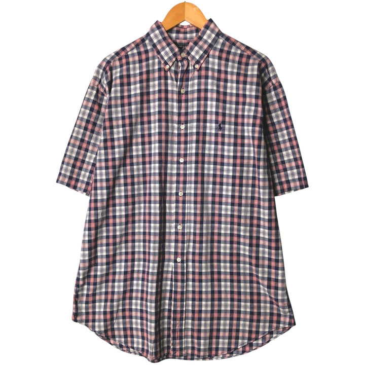 Vintage 90'S Ralph Lauren SPORT short-sleeved button-down checked shirt, size L, men's size L cotton navy blue type Vintage Second Hand