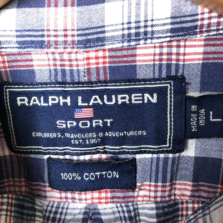 Vintage 90'S Ralph Lauren SPORT short-sleeved button-down checked shirt, size L, men's size L cotton navy blue type Vintage Second Hand