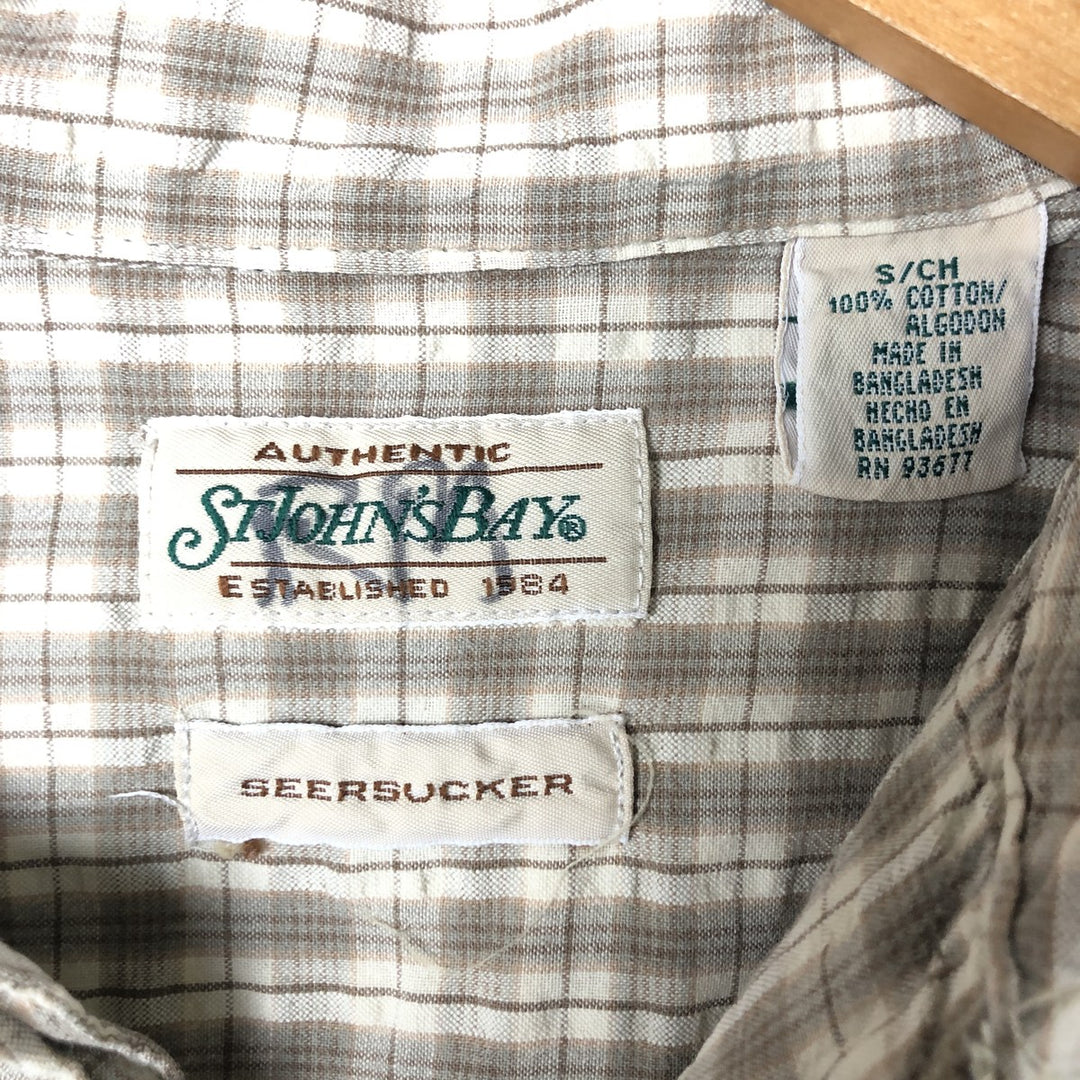 St. Johns Bay Seersucker Short Sleeve Cotton Check Shirt, Box Shirt, Men's Size Small cotton Beige type Vintage Second Hand