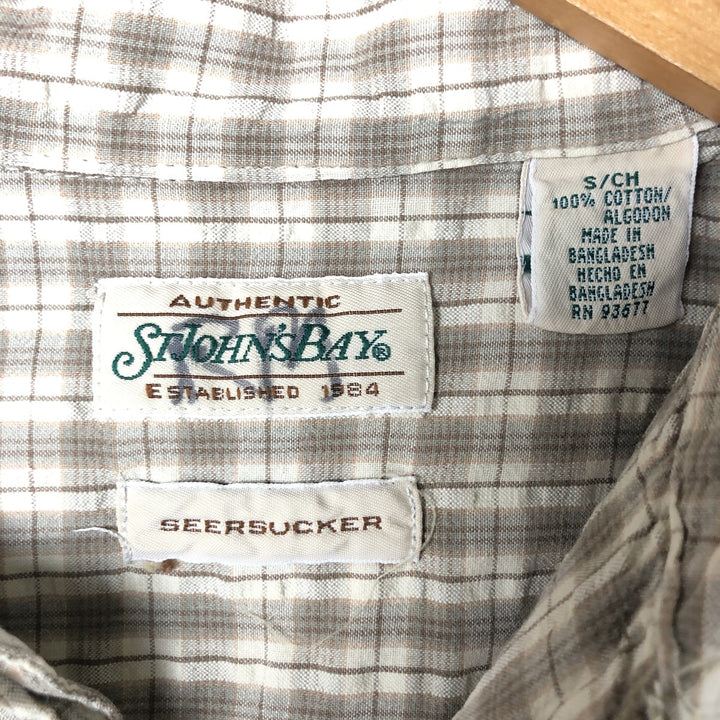 St. Johns Bay Seersucker Short Sleeve Cotton Check Shirt, Box Shirt, Men's Size Small cotton Beige type Vintage Second Hand