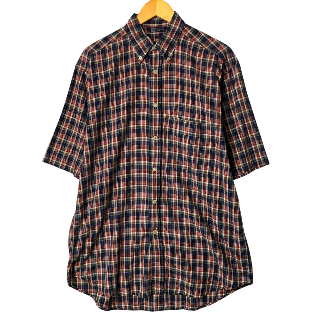 90'S NAUTICA short sleeve button down check shirt, men's size M, vintage cotton navy blue type Vintage Second Hand
