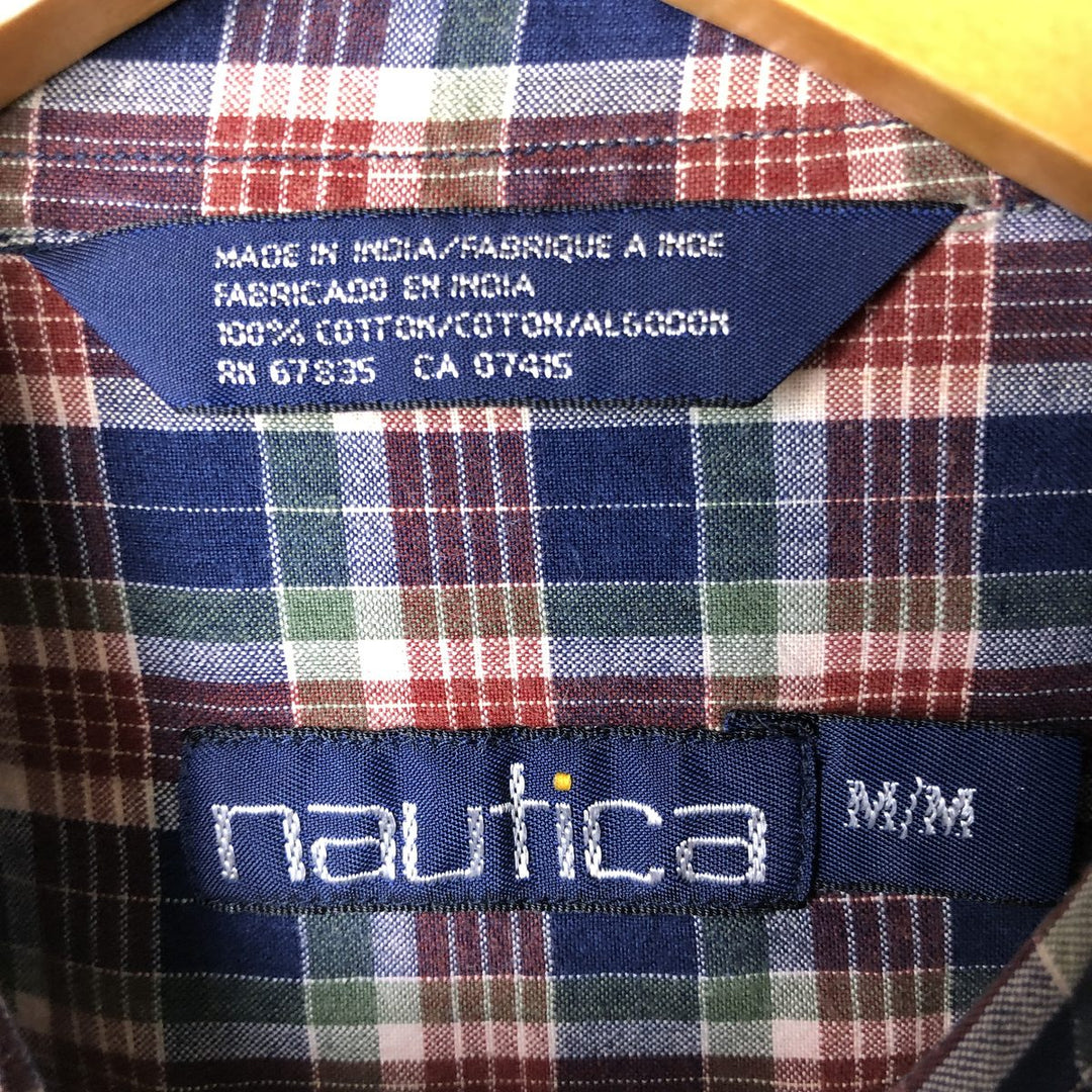 90'S NAUTICA short sleeve button down check shirt, men's size M, vintage cotton navy blue type Vintage Second Hand
