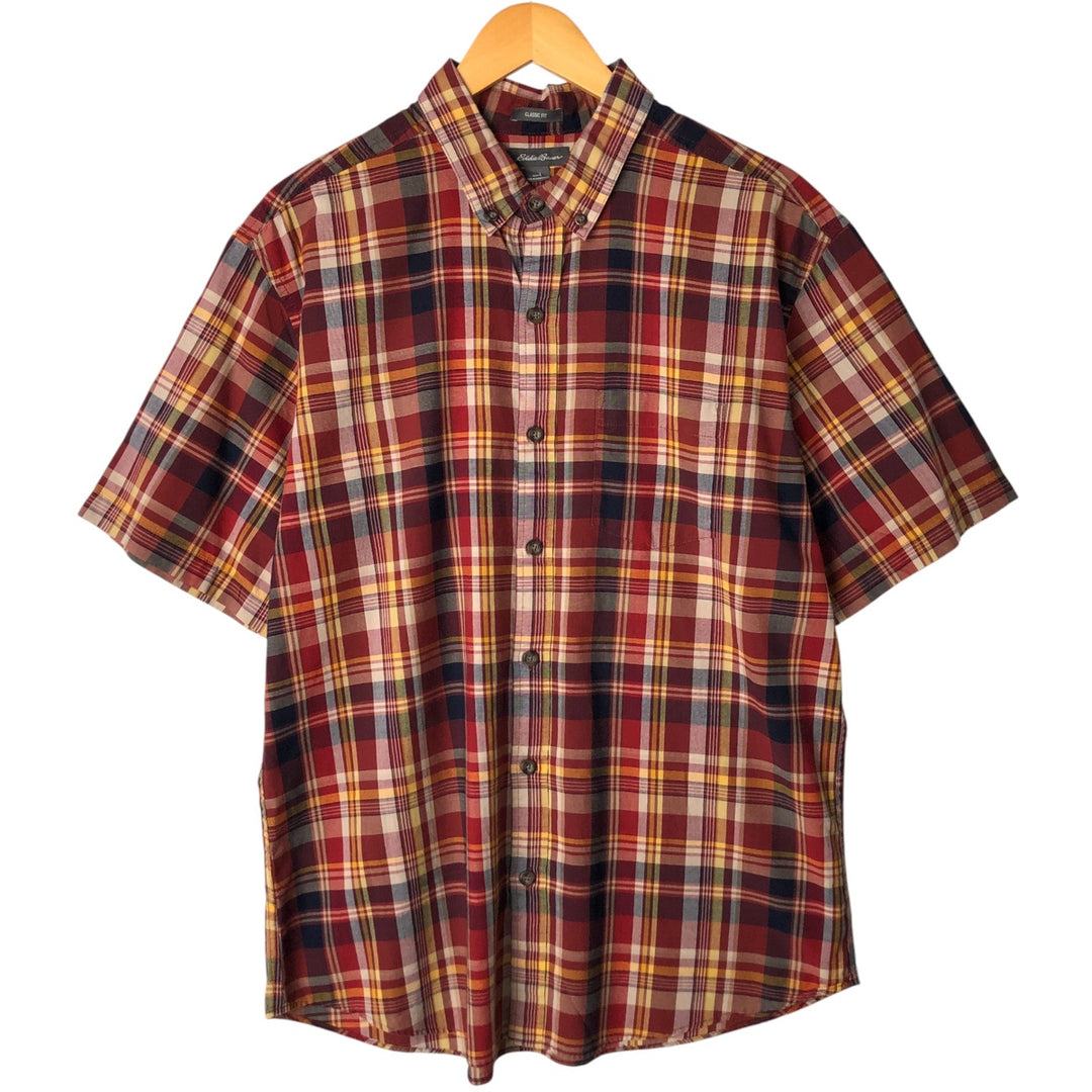 Eddie Bauer Classic Fit Short Sleeve Button-Down Check Shirt, Men's Size L cotton wine-red Vintage Second Hand