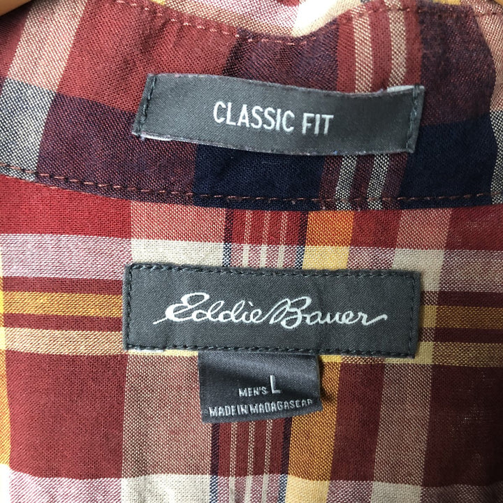 Eddie Bauer Classic Fit Short Sleeve Button-Down Check Shirt, Men's Size L cotton wine-red Vintage Second Hand